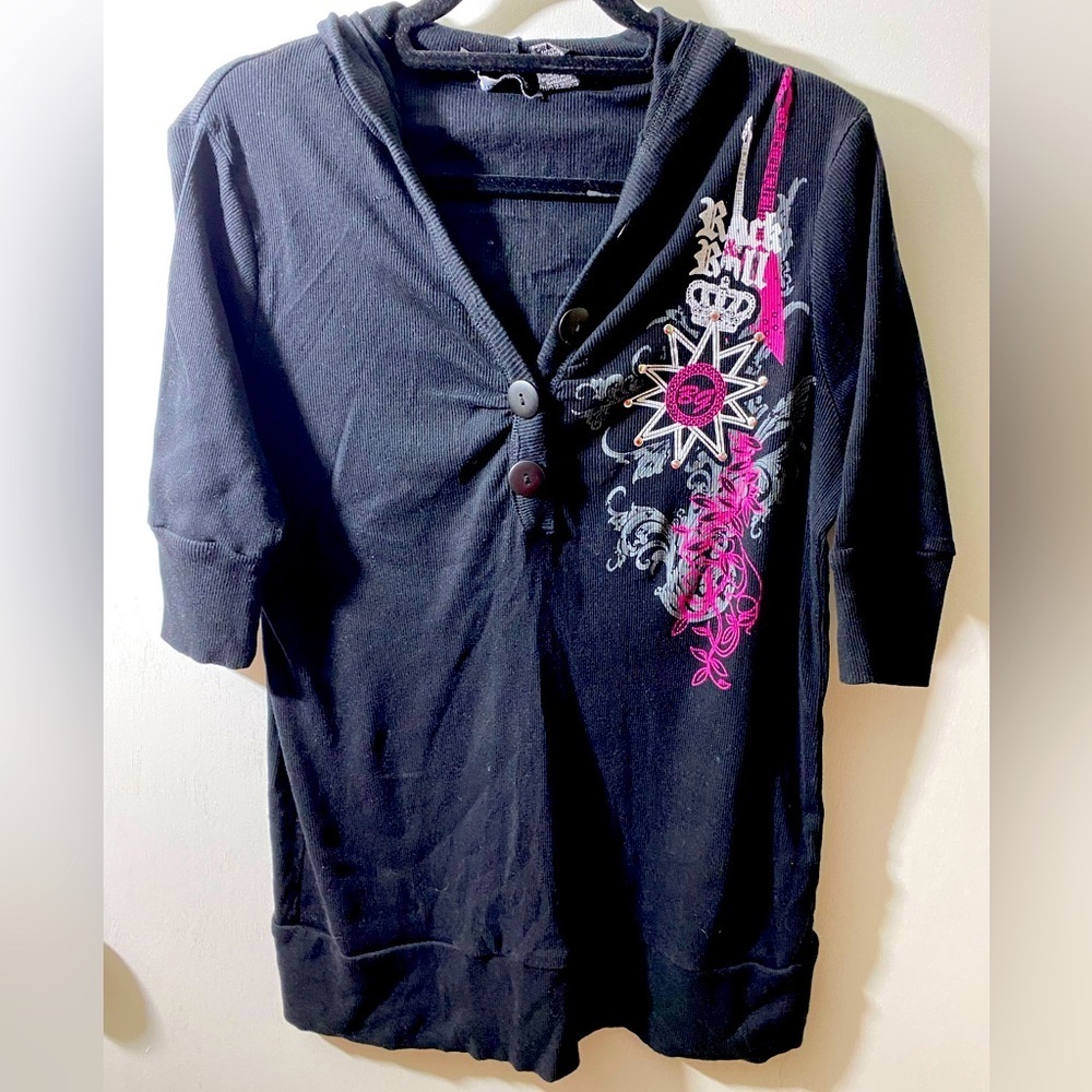 JOU JOU ribbed T-shirt top short sleeve hooded Sz 3X. J-09